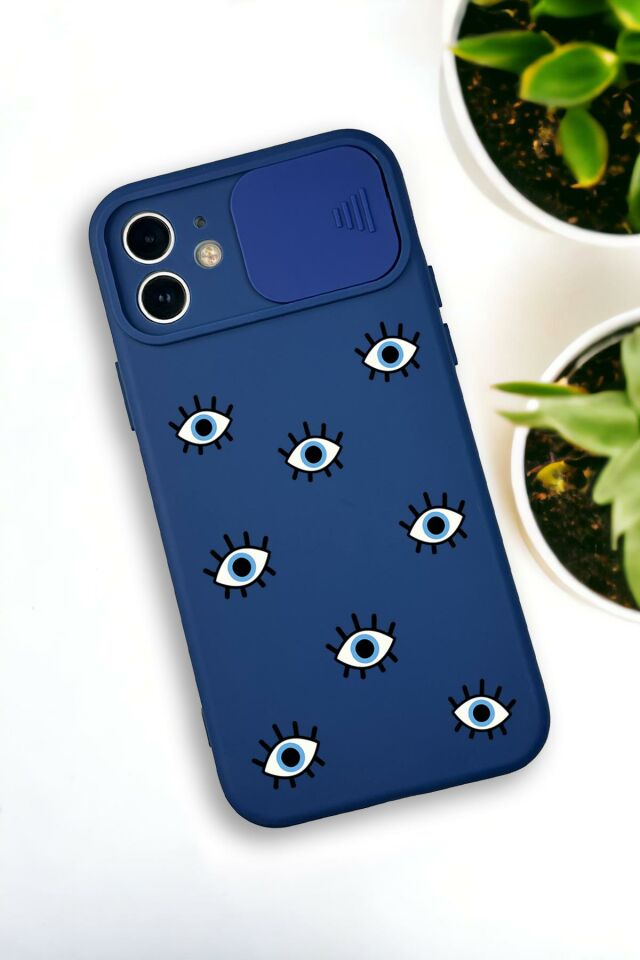 iPhone 12 Mini Uyumlu Nazar Gözler Desenli Kamera Koruma Slider Kapaklı Silikonlu Telefon Kılıfı