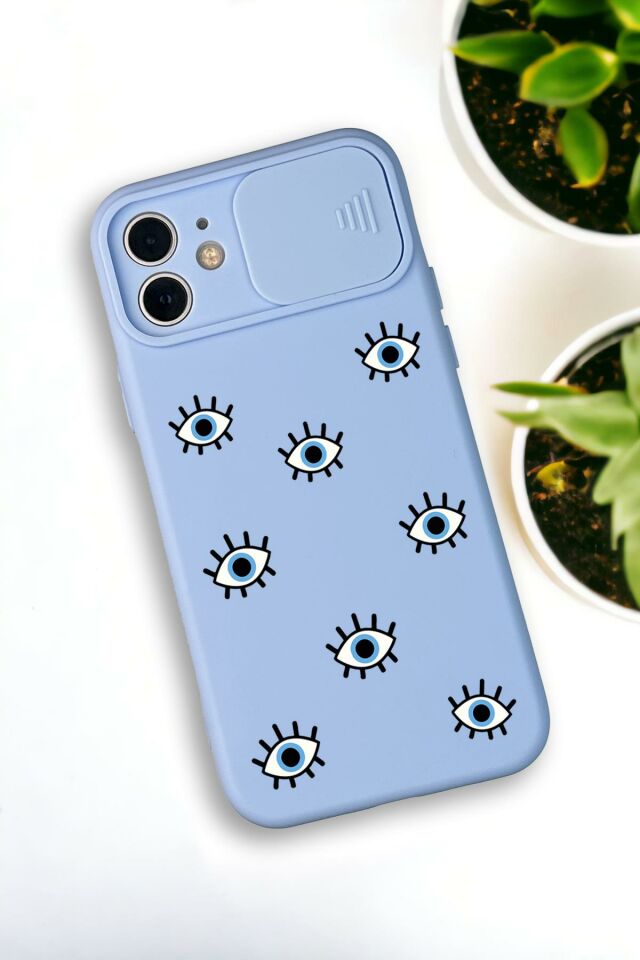 iPhone 12 Mini Uyumlu Nazar Gözler Desenli Kamera Koruma Slider Kapaklı Silikonlu Telefon Kılıfı