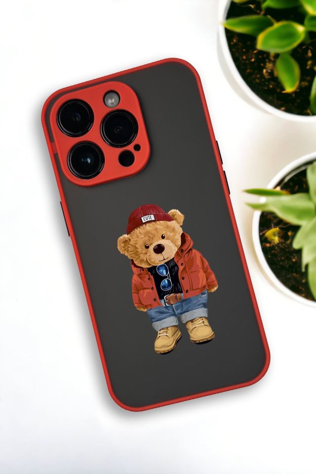 iPhone 13 Pro Uyumlu Teddy Bear Desenli Buzlu Şeffaf Lüx Telefon Kılıfı