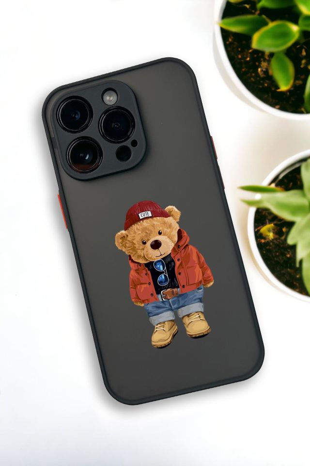 iPhone 13 Pro Uyumlu Teddy Bear Desenli Buzlu Şeffaf Lüx Telefon Kılıfı