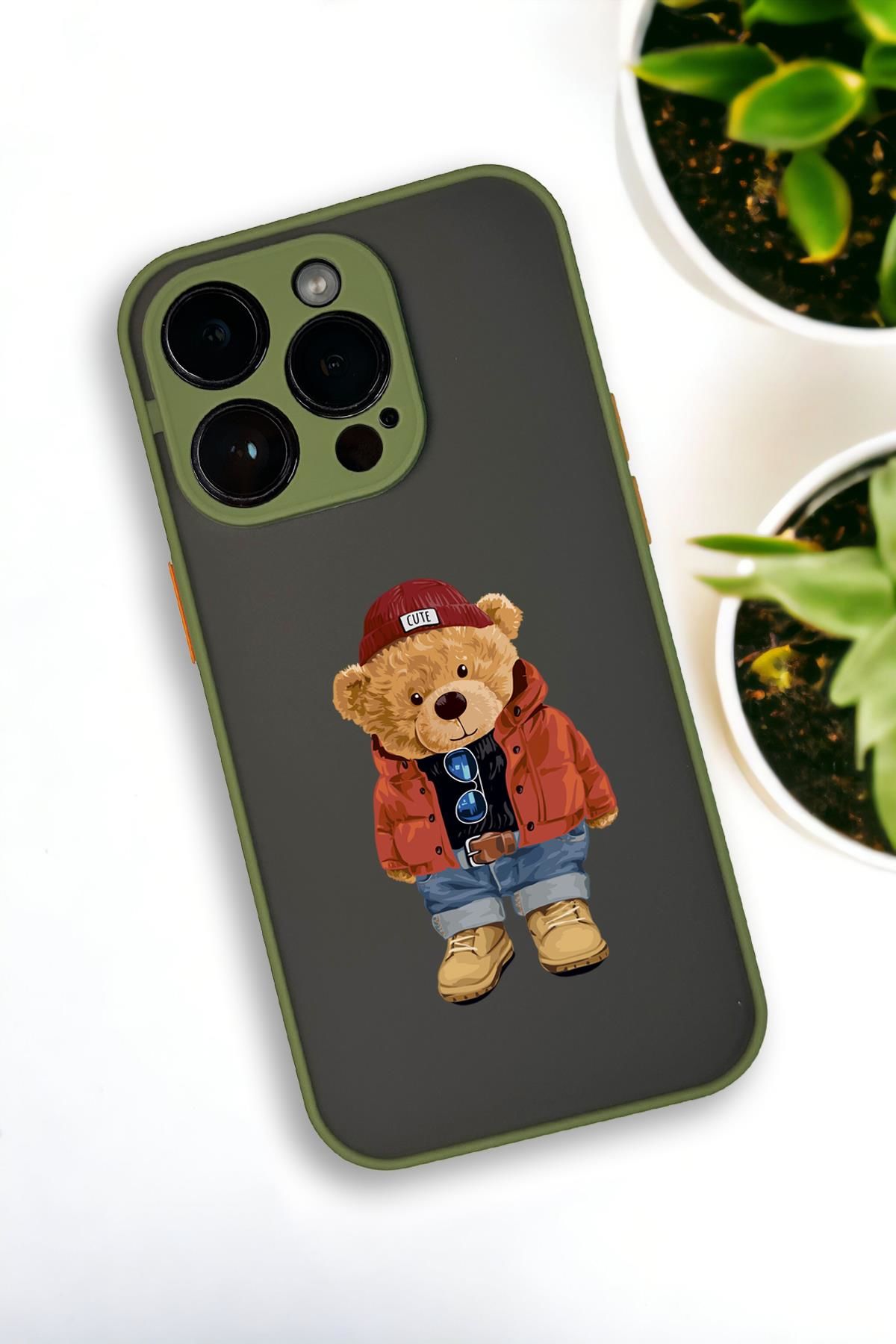 iPhone 13 Pro Uyumlu Teddy Bear Desenli Buzlu Şeffaf Lüx Telefon Kılıfı