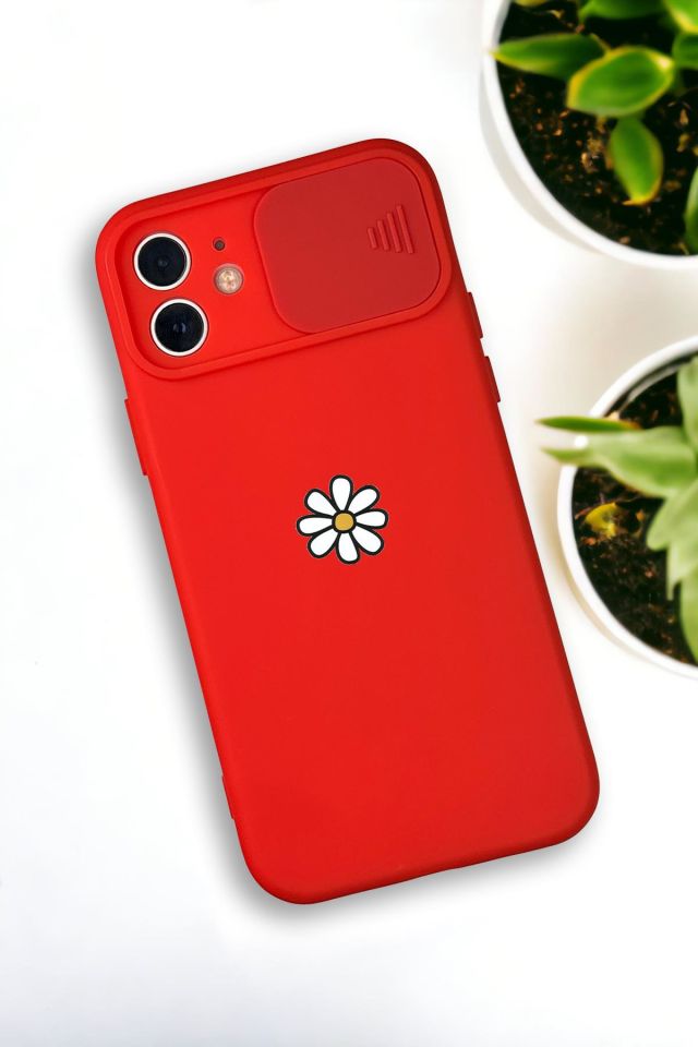 iPhone 12 Mini Uyumlu Papatya Desenli Kamera Koruma Slider Kapaklı Silikonlu Telefon Kılıfı