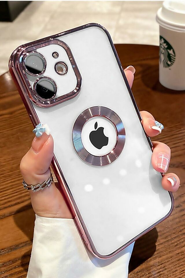 iPhone 11 Logo Detaylı Lens Korumalı Renkli Çerçeve Detaylı Şeffaf Silikon Kılıf