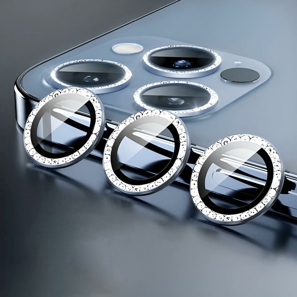 iPhone 15 Pro Uyumlu Swarovski Taşlı Görünümlü Kamera Lensi Koruma Camı