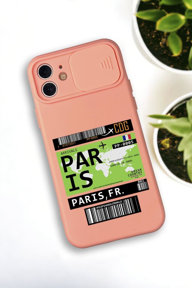 iPhone 12 Mini Uyumlu Paris Ticket Desenli Kamera Koruma Slider Kapaklı Silikonlu Telefon Kılıfı