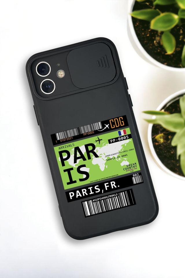 iPhone 12 Mini Uyumlu Paris Ticket Desenli Kamera Koruma Slider Kapaklı Silikonlu Telefon Kılıfı