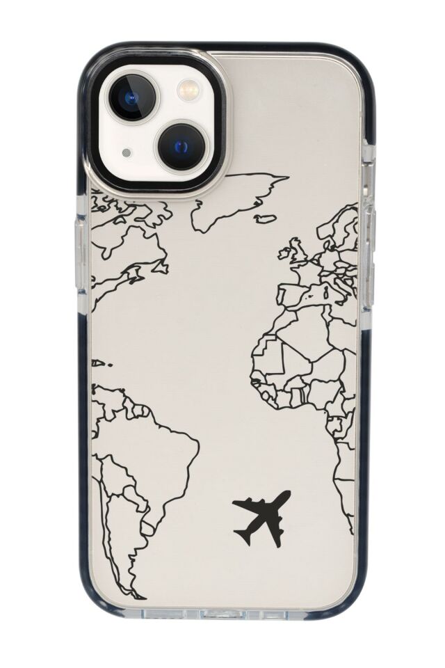 iPhone 15 Uyumlu World Map Lines Desenli Candy Bumper Darbe Emci Silikonlu Telefon Kılıfı