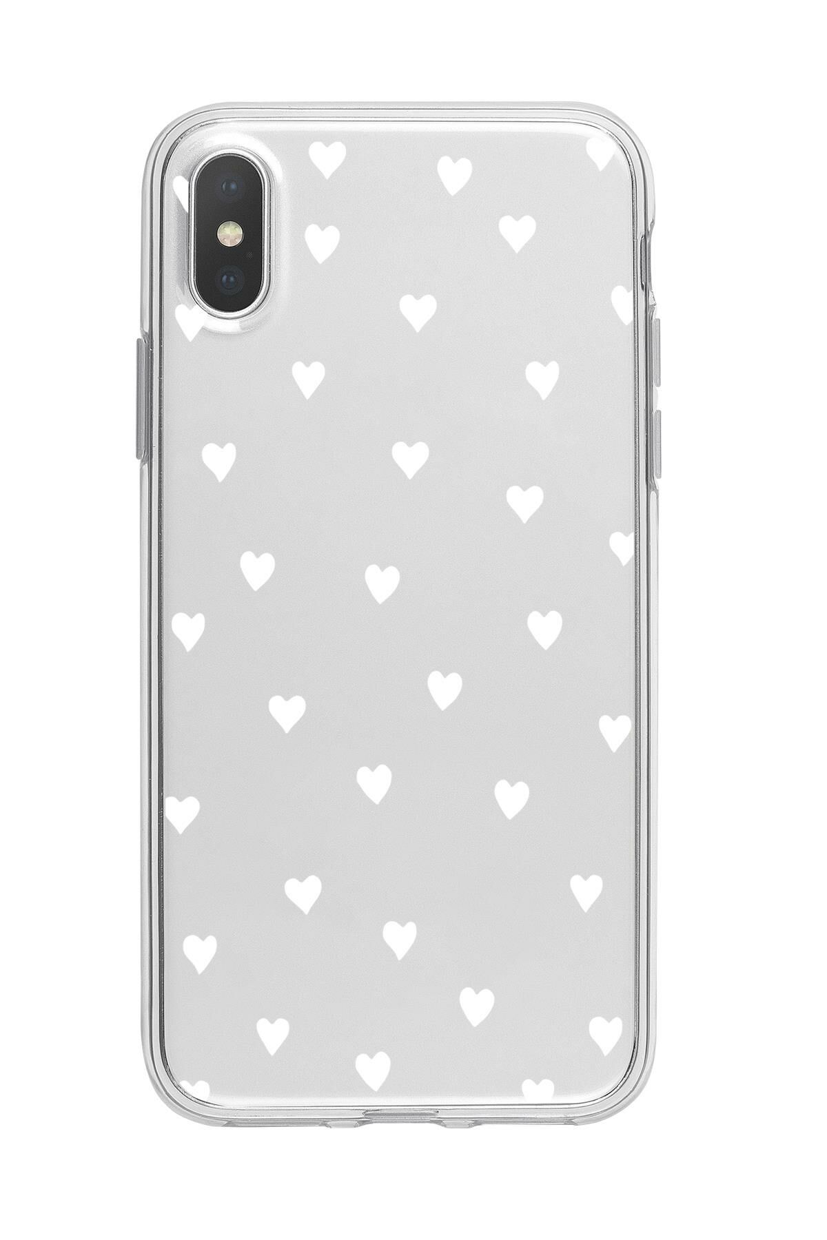 iPhone X Uyumlu Beyaz Kalpler Premium Şeffaf Silikon Kılıf