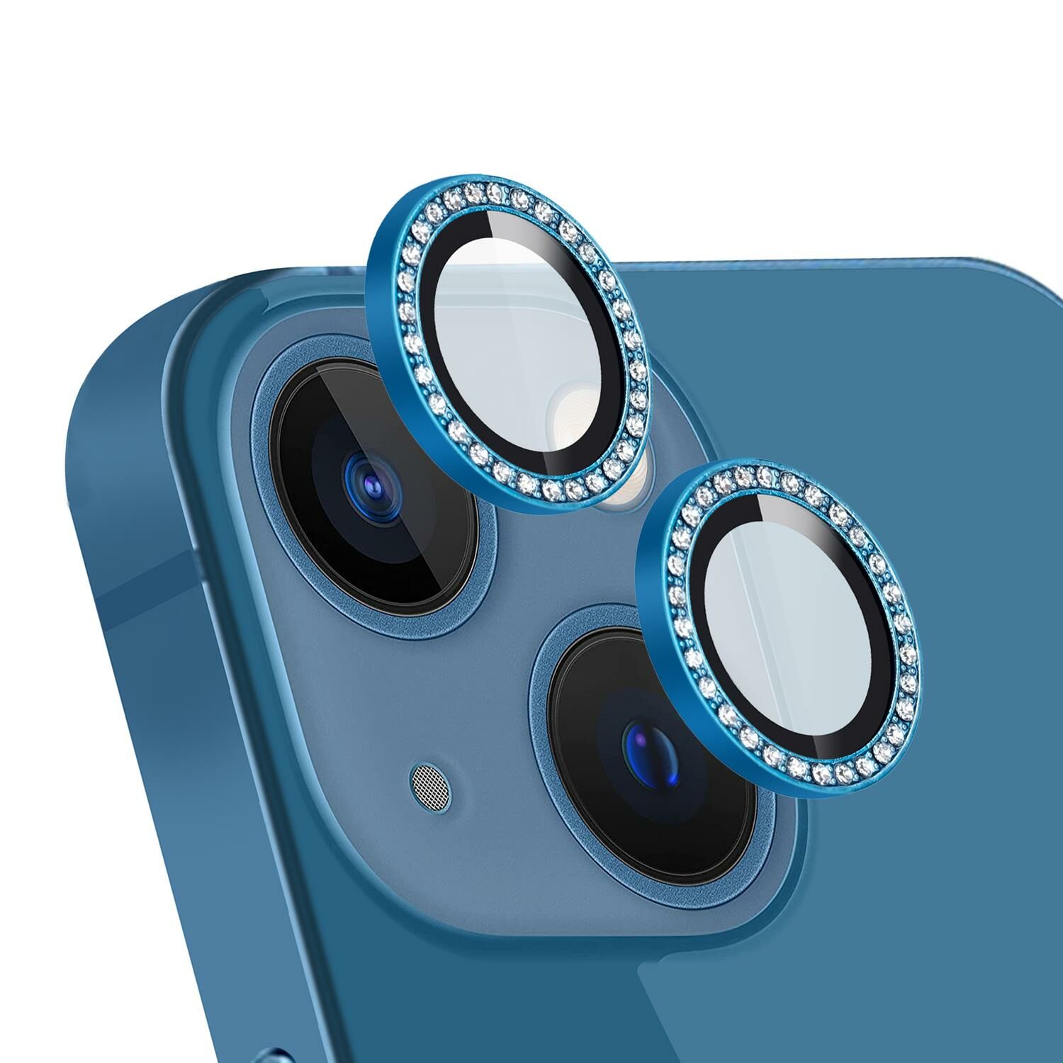 iPhone 13 Uyumlu Swarovski Taşlı Kamera Lensi Koruma Camı Mavi