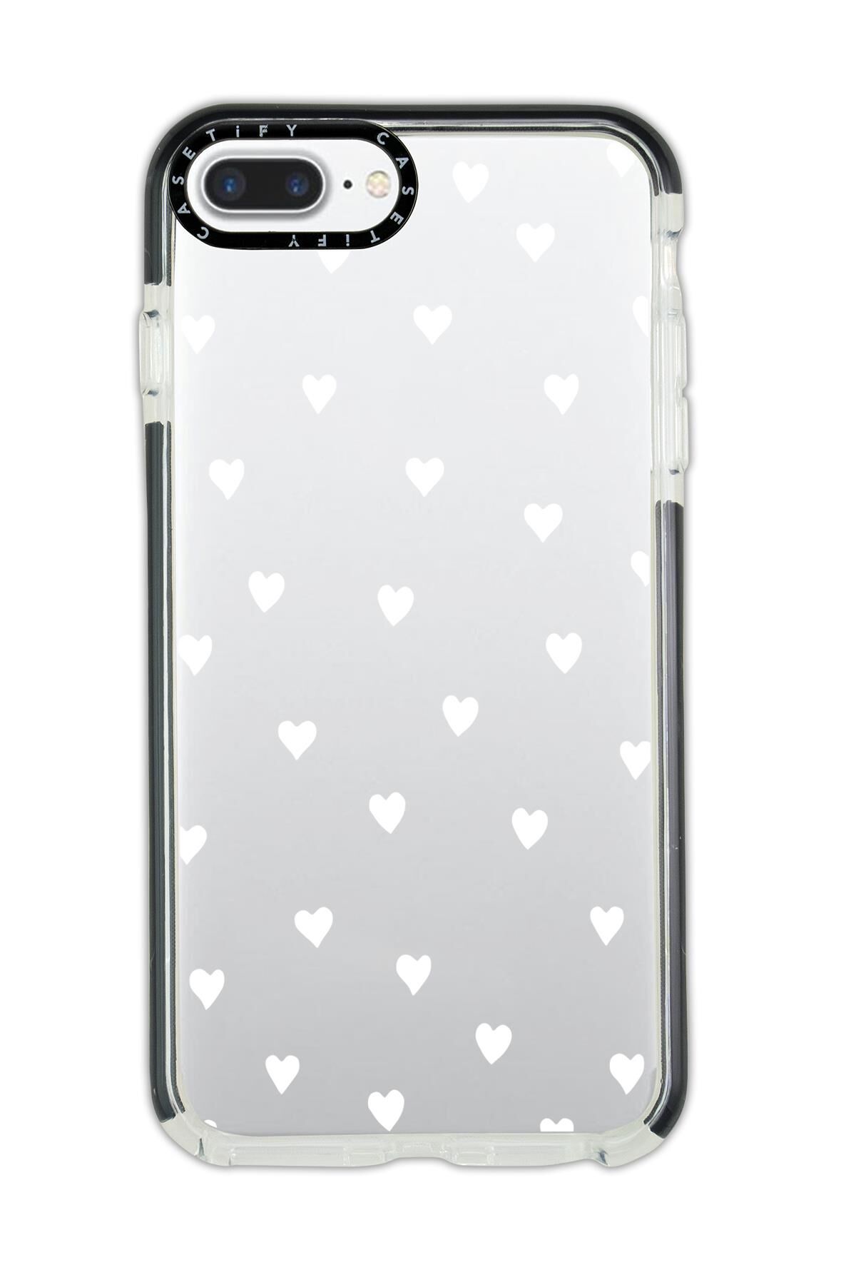 iPhone 6 Plus Casetify Uyumlu Beyaz Kalpler Desenli Anti Shock Premium Silikonlu Siyah Kenar Detaylı Telefon Kılıfı
