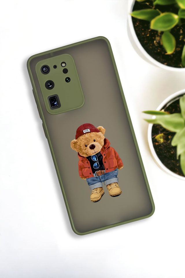 Samsung S20 Ultra Uyumlu Teddy Bear Desenli Buzlu Şeffaf Lüx Telefon Kılıfı