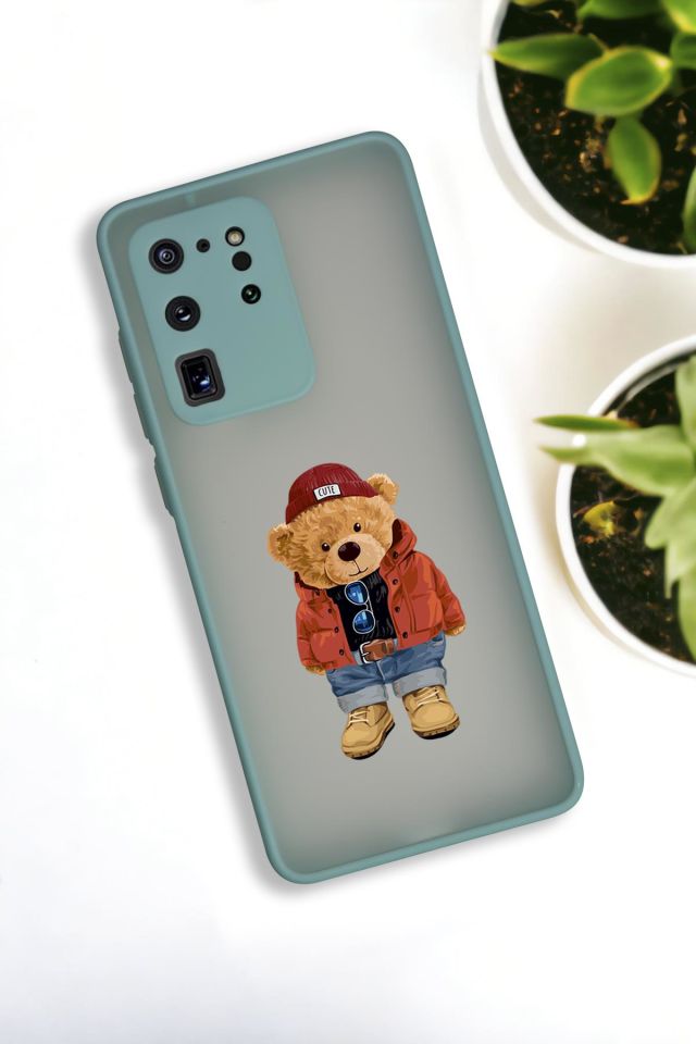 Samsung S20 Ultra Uyumlu Teddy Bear Desenli Buzlu Şeffaf Lüx Telefon Kılıfı