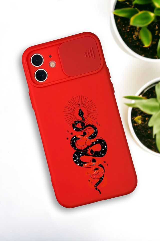 iPhone 12 Mini Uyumlu Snake Desenli Kamera Koruma Slider Kapaklı Silikonlu Telefon Kılıfı