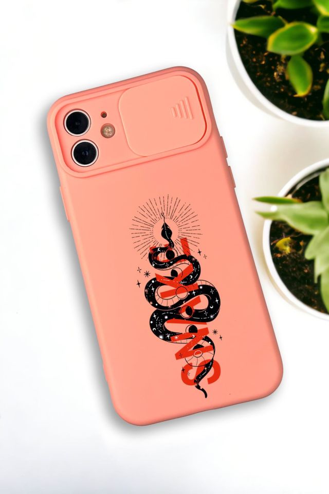 iPhone 12 Mini Uyumlu Snake Desenli Kamera Koruma Slider Kapaklı Silikonlu Telefon Kılıfı