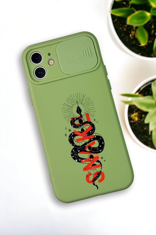 iPhone 12 Mini Uyumlu Snake Desenli Kamera Koruma Slider Kapaklı Silikonlu Telefon Kılıfı