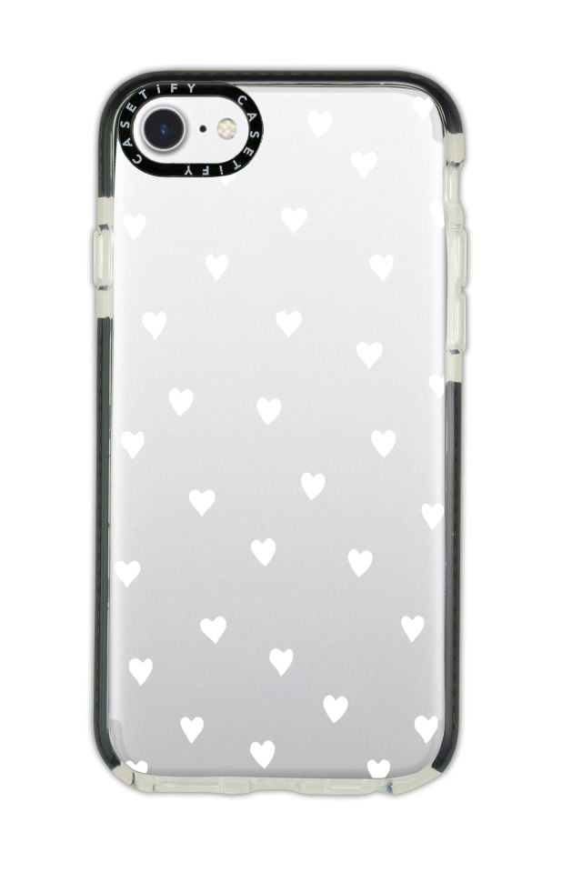 iPhone Se 2020 Casetify Uyumlu Beyaz Kalpler Desenli Anti Shock Premium Silikonlu Siyah Kenar Detaylı Telefon Kılıfı