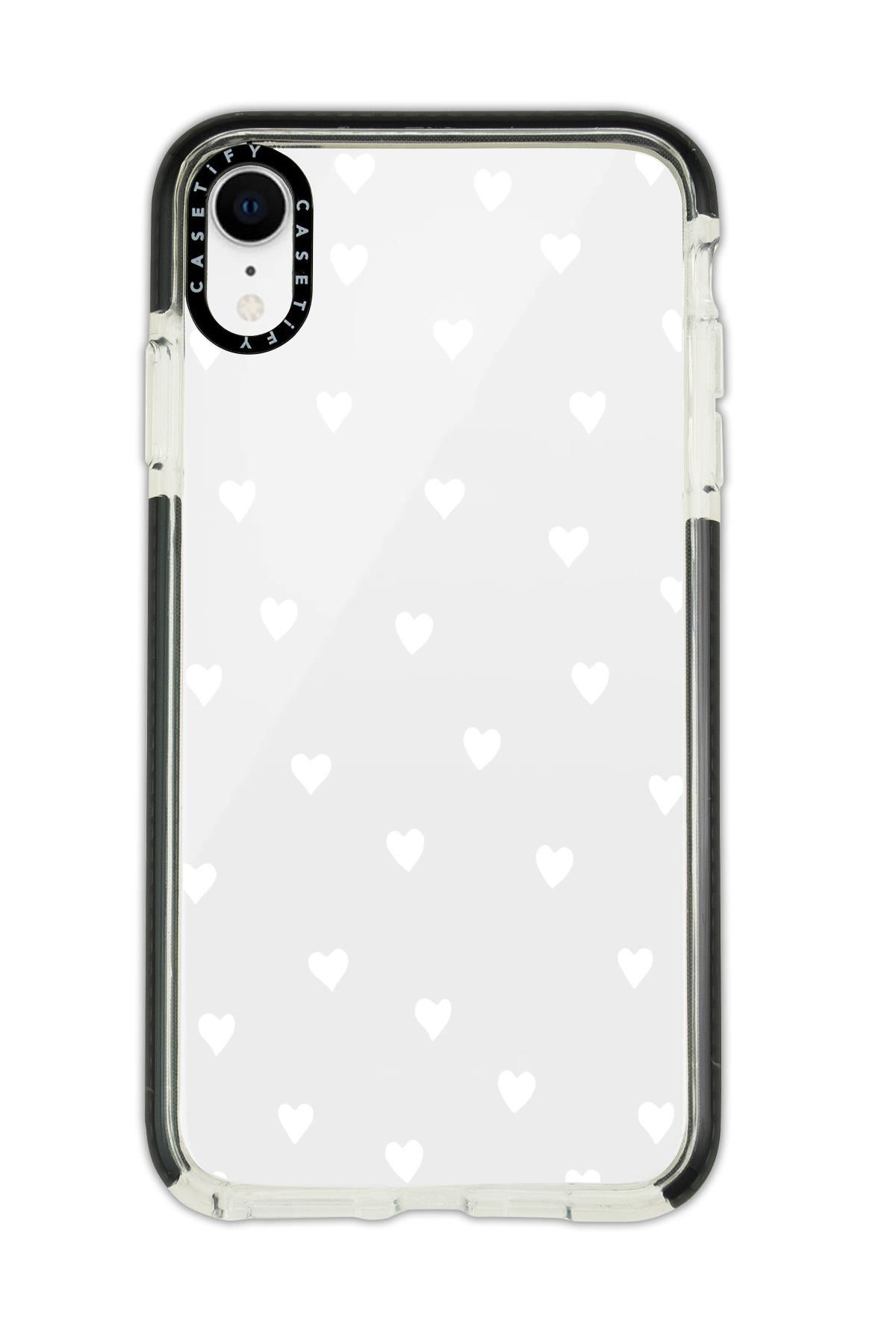 iPhone Xr Casetify Uyumlu Beyaz Kalpler Desenli Anti Shock Premium Silikonlu Siyah Kenar Detaylı Telefon Kılıfı