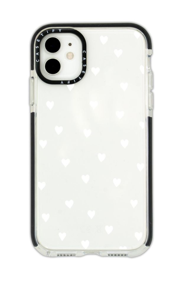 iPhone 12 Casetify Uyumlu Beyaz Kalpler Desenli Anti Shock Premium Silikonlu Siyah Kenar Detaylı Telefon Kılıfı