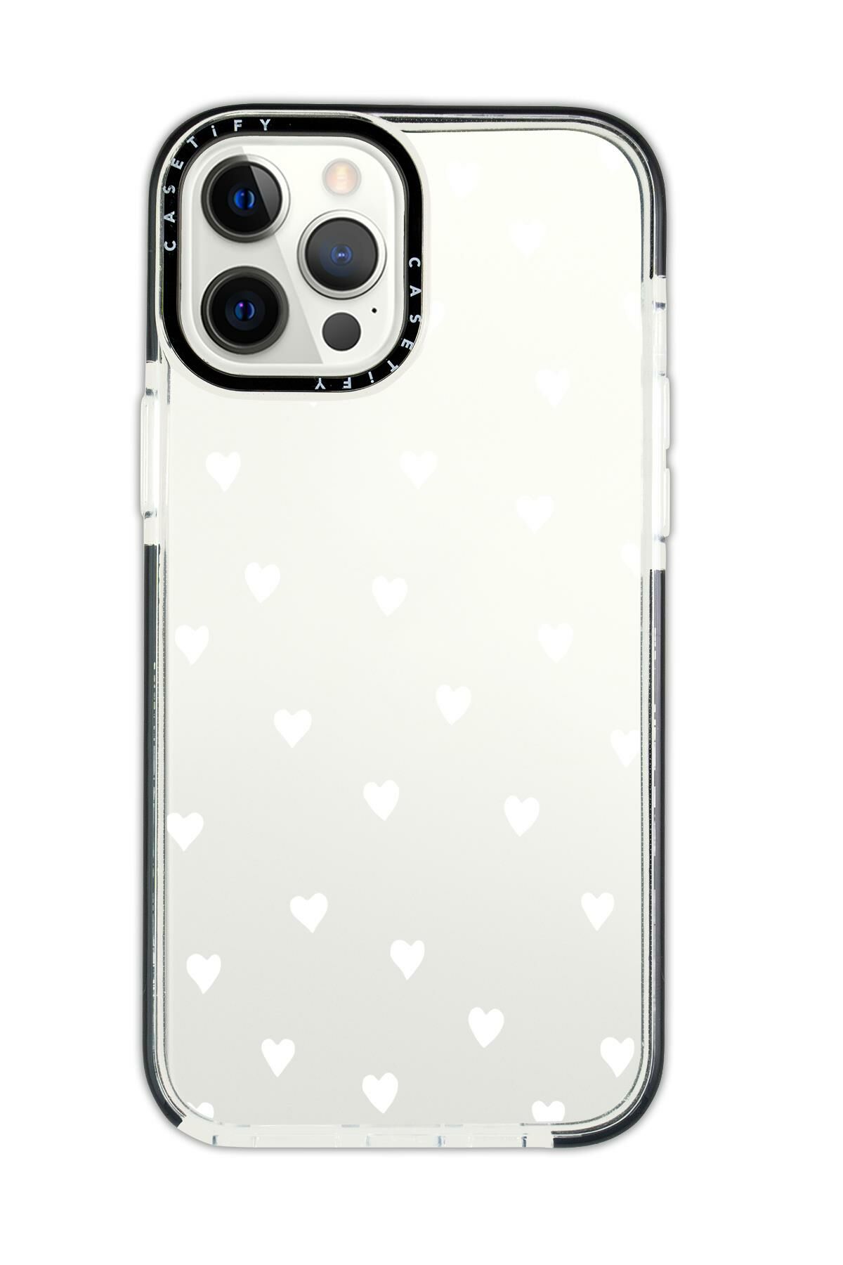 iPhone 13 Pro Casetify Uyumlu Beyaz Kalpler Desenli Anti Shock Premium Silikonlu Siyah Kenar Detaylı Telefon Kılıfı