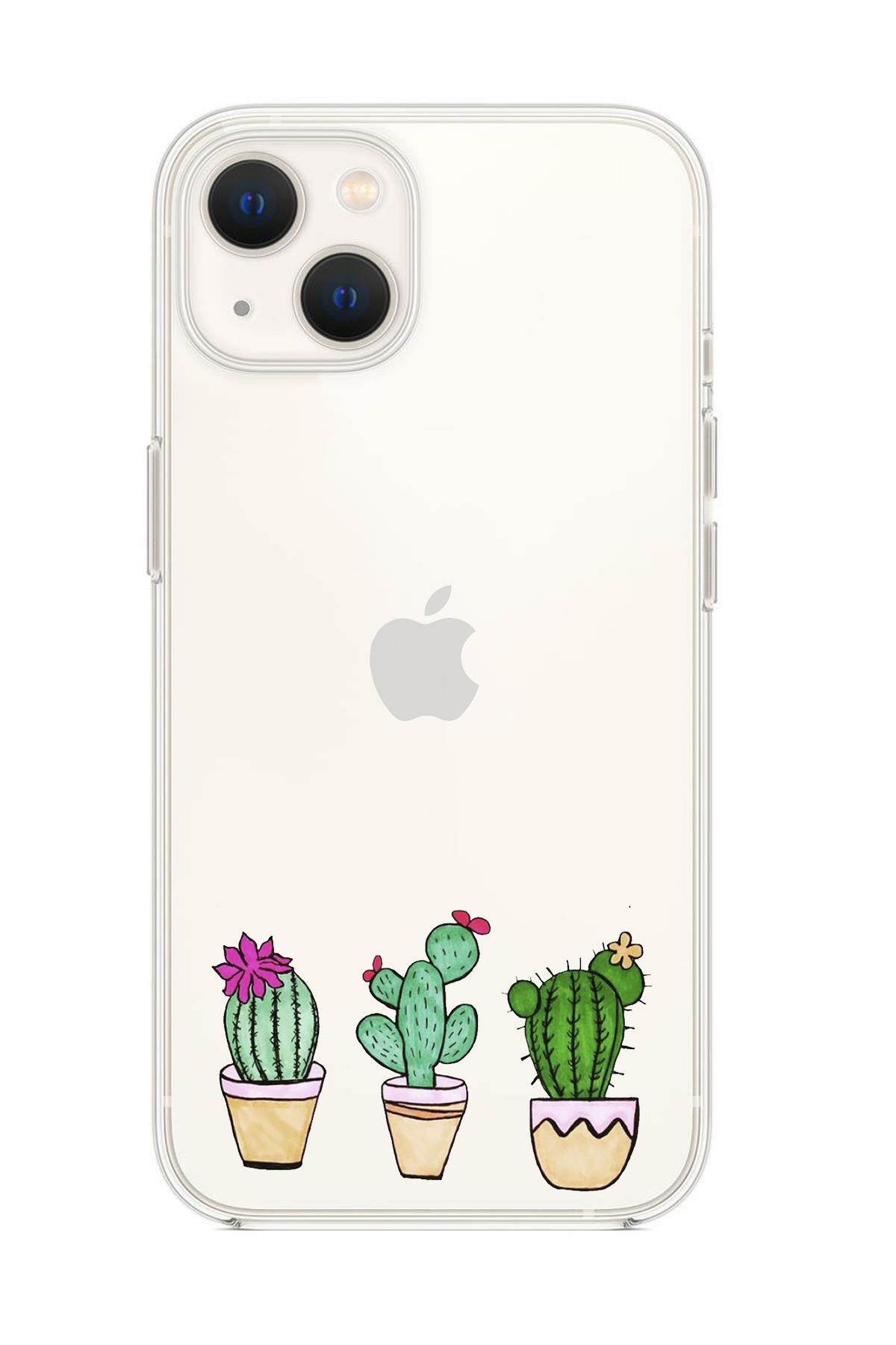 iPhone 13 Mini Üçlü Kaktüs Desenli Premium Silikonlu Şeffaf Telefon Kılıfı