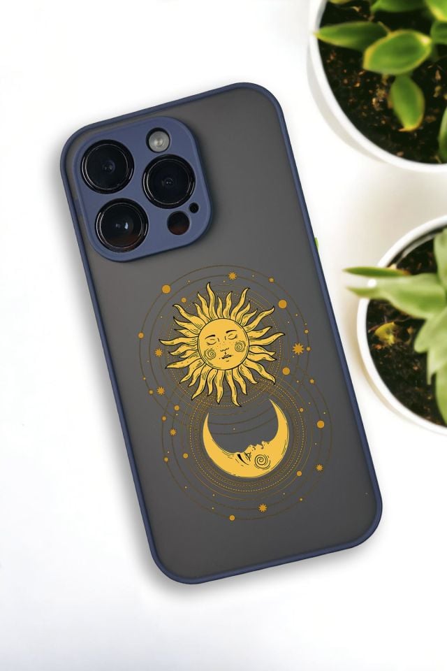 iPhone 14 Pro Uyumlu Moon and Sun Desenli Buzlu Şeffaf Lüx Telefon Kılıfı