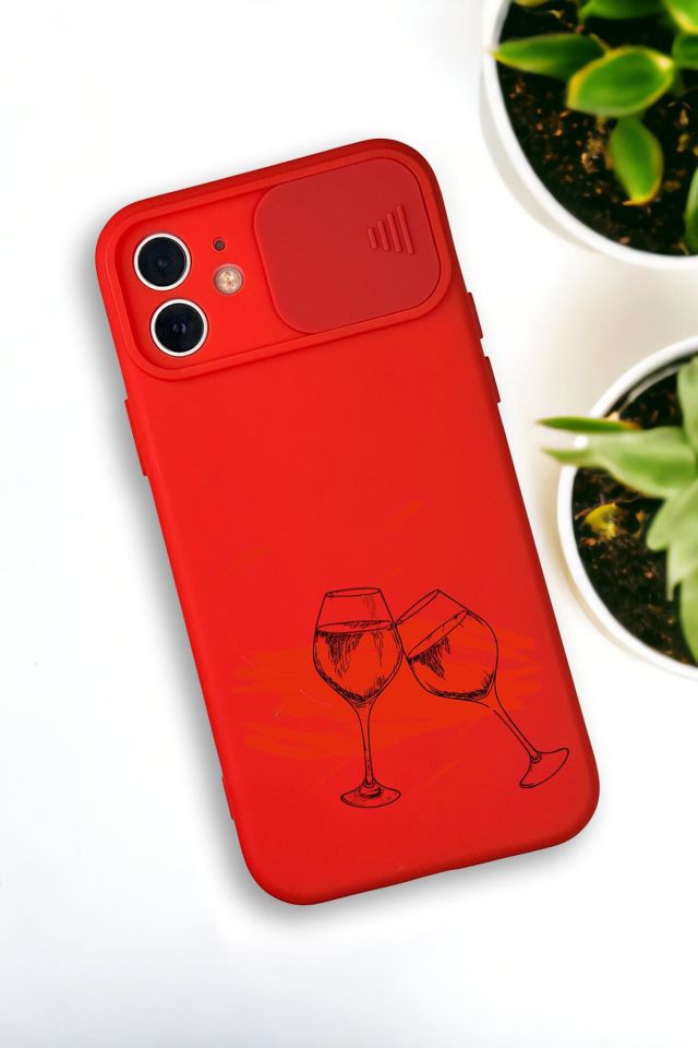 iPhone 12 Mini Uyumlu Spilled Wine Desenli Kamera Koruma Slider Kapaklı Silikonlu Telefon Kılıfı