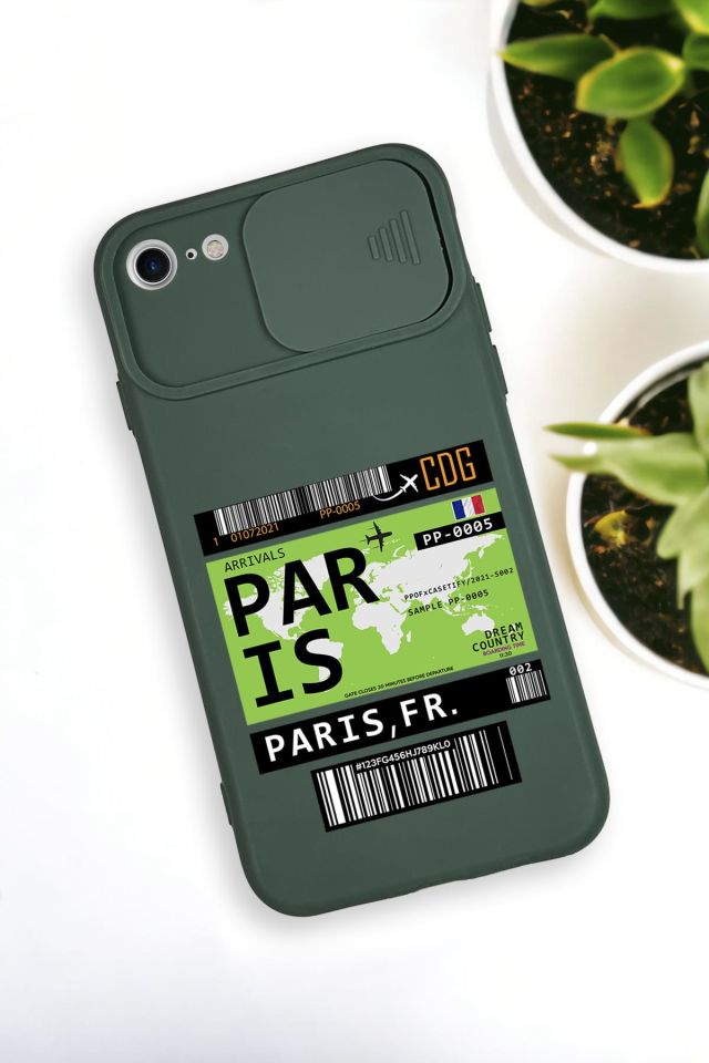 iPhone SE 2020 Uyumlu Paris Ticket Desenli Kamera Koruma Slider Kapaklı Silikonlu Telefon Kılıfı
