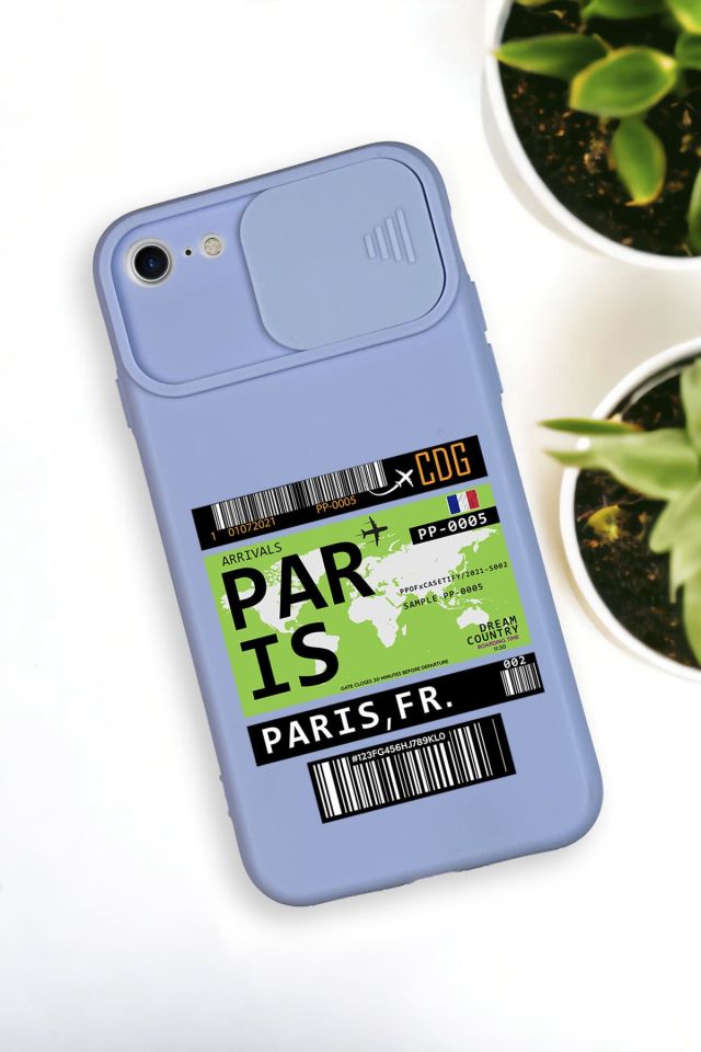 iPhone SE 2020 Uyumlu Paris Ticket Desenli Kamera Koruma Slider Kapaklı Silikonlu Telefon Kılıfı