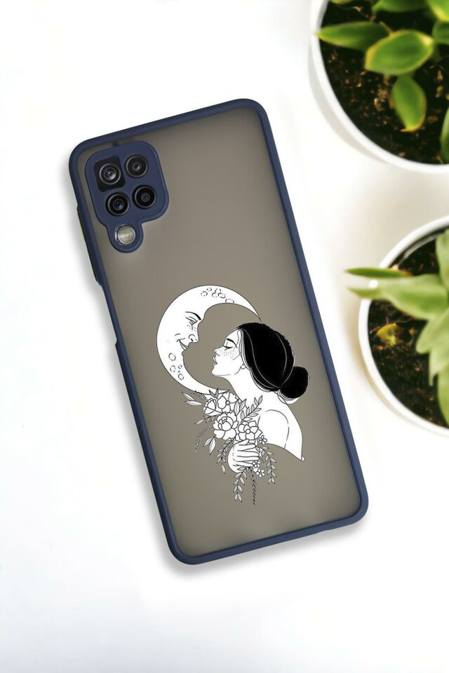 Samsung Galaxy A12 Uyumlu Moon and Women Desenli Buzlu Şeffaf Lüx Telefon Kılıfı