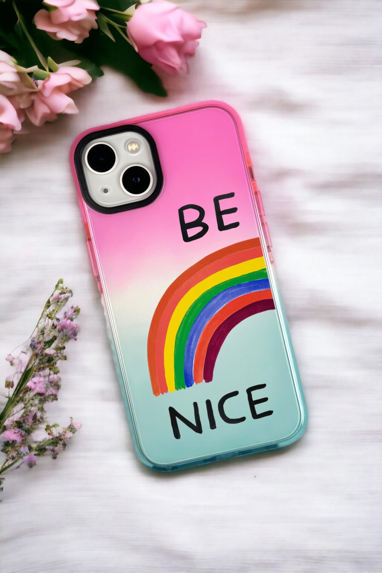 iPhone 14 Plus Uyumlu Be Nice Desenli Premium Rainbow Silikonlu Telefon Kılıfı