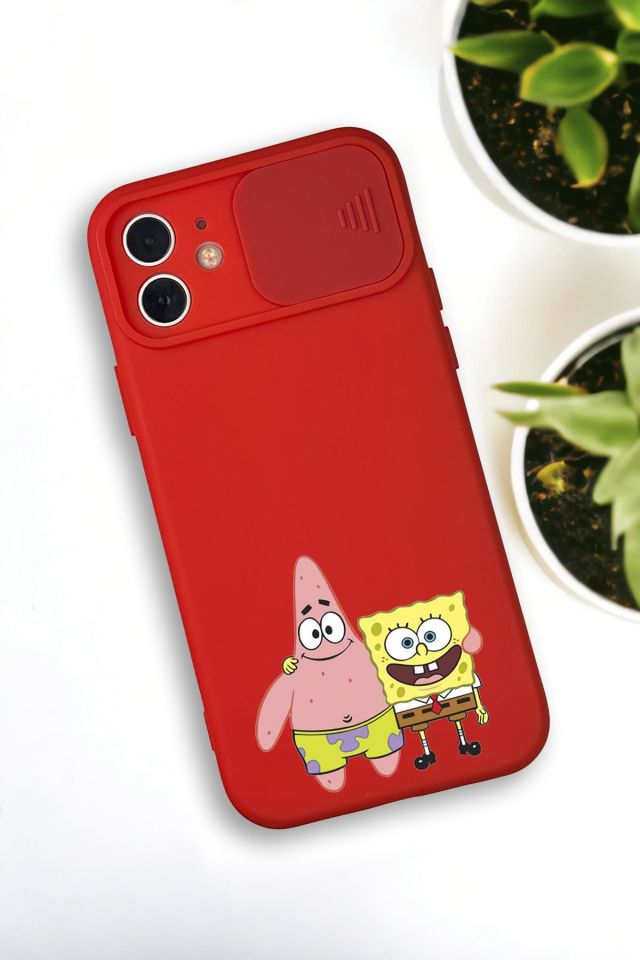 iPhone 12 Mini Uyumlu Sünger Bob ve Patrick Star Desenli Kamera Koruma Slider Kapaklı Silikonlu Telefon Kılıfı