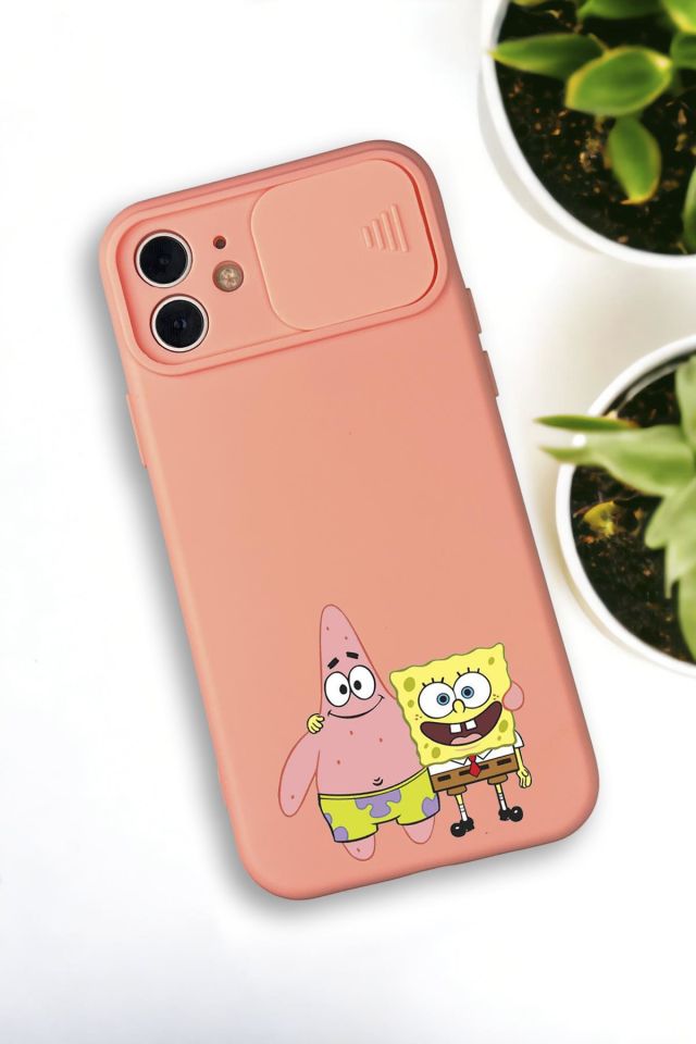 iPhone 12 Mini Uyumlu Sünger Bob ve Patrick Star Desenli Kamera Koruma Slider Kapaklı Silikonlu Telefon Kılıfı