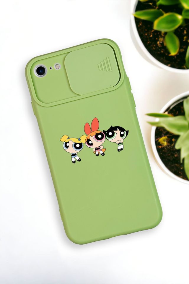 iPhone SE 2020 Uyumlu Powerpuff Girls Desenli Kamera Koruma Slider Kapaklı Silikonlu Telefon Kılıfı