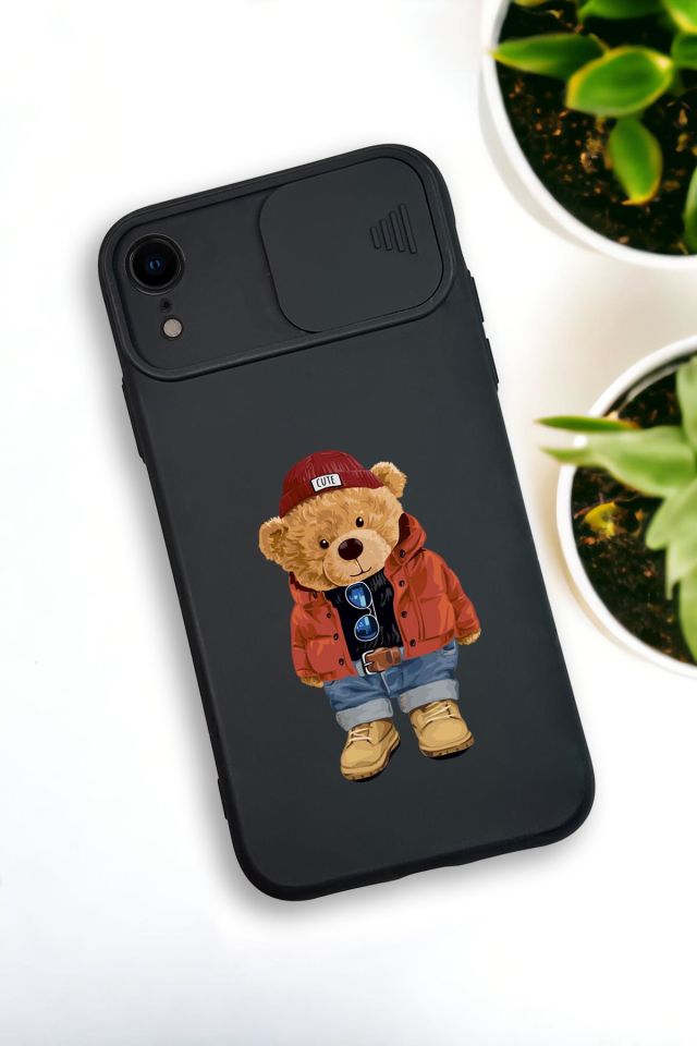 iPhone XR Uyumlu Teddy Bear Desenli Kamera Koruma Slider Kapaklı Silikonlu Telefon Kılıfı