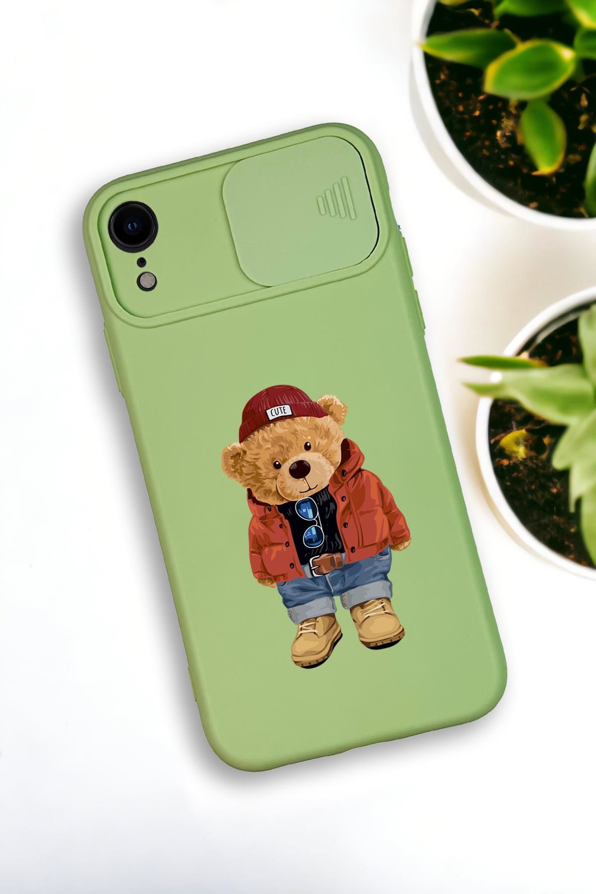 iPhone XR Uyumlu Teddy Bear Desenli Kamera Koruma Slider Kapaklı Silikonlu Telefon Kılıfı