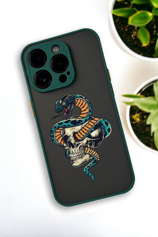 iPhone 12 Pro Max Uyumlu Skull & Snake Desenli Buzlu Şeffaf Lüx Telefon Kılıfı