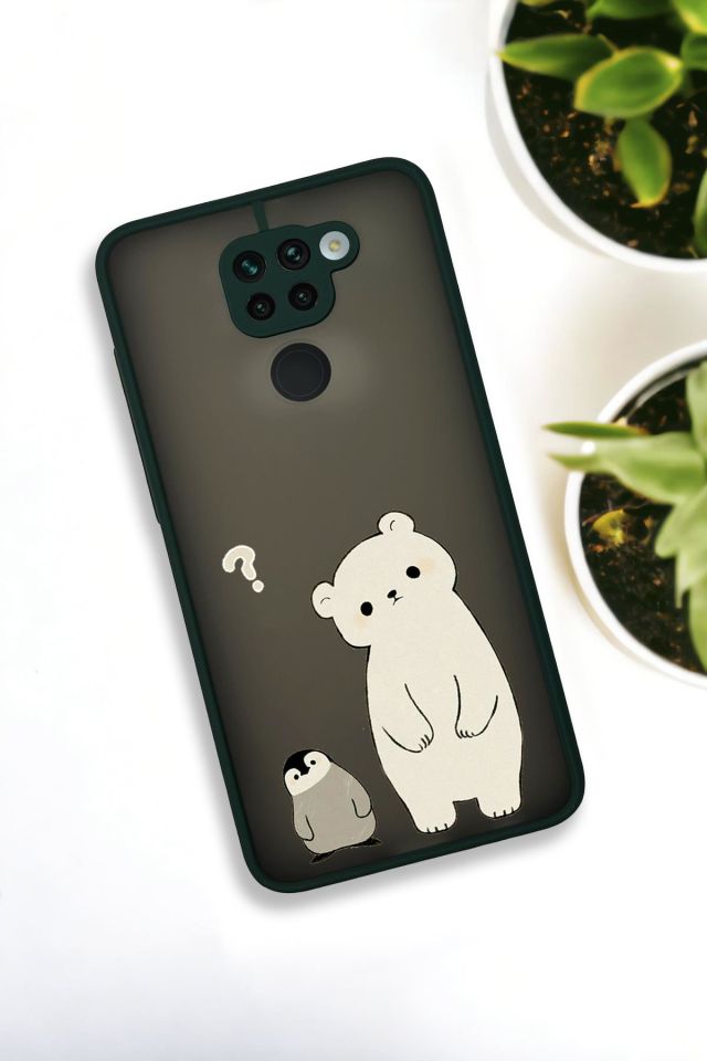 Xiaomi Redmi Note 9 Uyumlu Penguen ve Ayıcık Desenli Buzlu Şeffaf Lüx Telefon Kılıfı