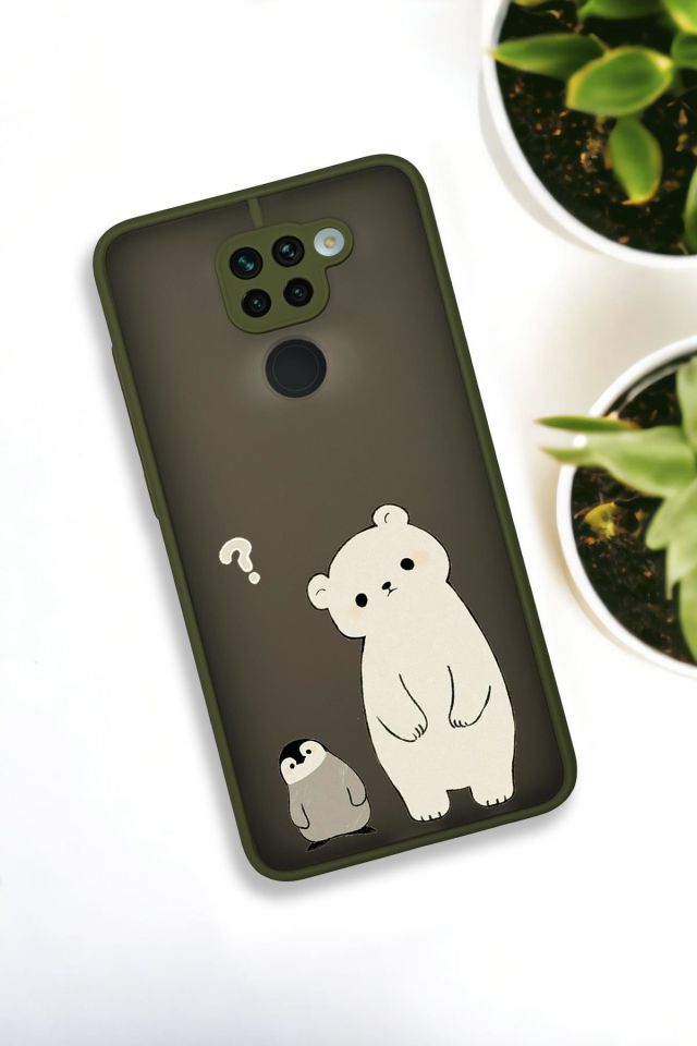 Xiaomi Redmi Note 9 Uyumlu Penguen ve Ayıcık Desenli Buzlu Şeffaf Lüx Telefon Kılıfı
