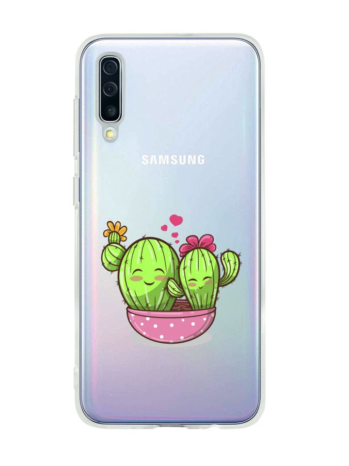 Samsung A50 Sevimli Kaktüs Desenli Premium Şeffaf Silikon Kılıf