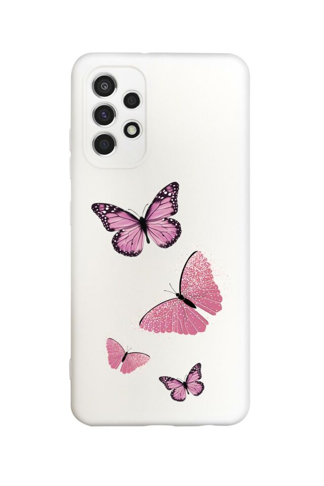Samsung A23 Uyumlu Pembe Kelebekler Desenli Premium Silikonlu Lansman Telefon Kılıfı