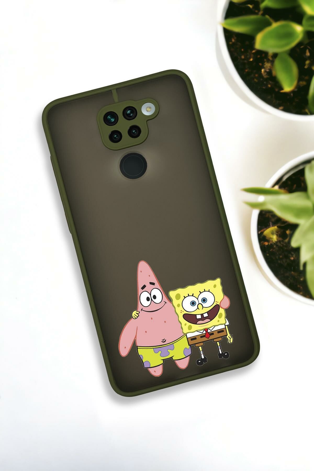 Xiaomi Redmi Note 9 Uyumlu Sünger Bob ve Patrick Star Desenli Buzlu Şeffaf Lüx Telefon Kılıfı