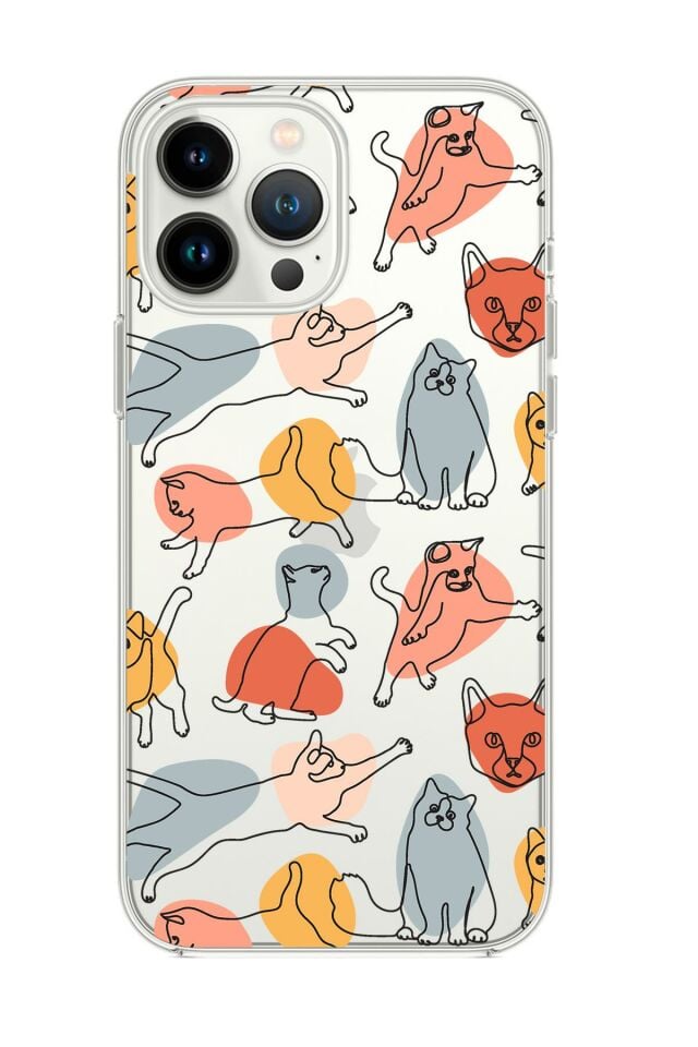 iPhone 13 Pro Sevimli Kedi Figürleri Desenli Premium Silikonlu Şeffaf Telefon Kılıfı