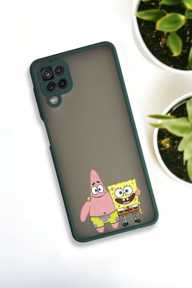 Samsung Galaxy A12 Uyumlu Sünger Bob ve Patrick Star Desenli Buzlu Şeffaf Lüx Telefon Kılıfı