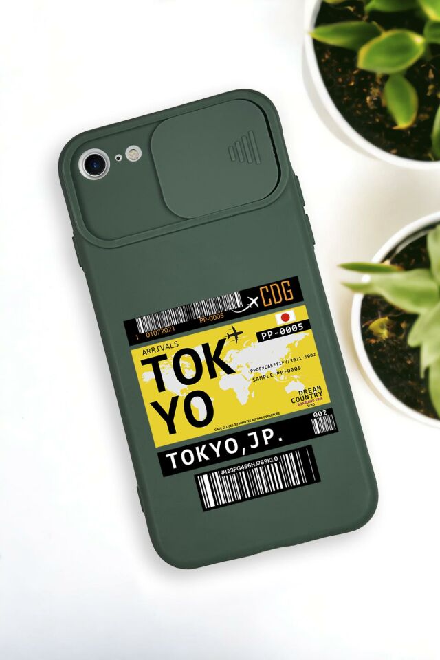 iPhone SE 2020 Uyumlu Tokyo Ticket Desenli Kamera Koruma Slider Kapaklı Silikonlu Telefon Kılıfı