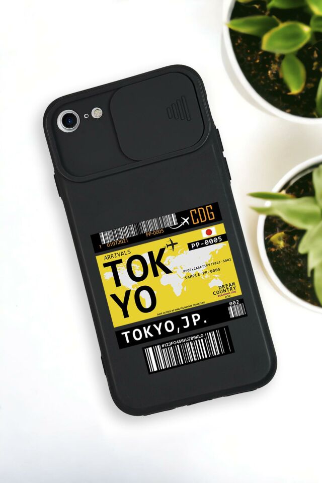 iPhone SE 2020 Uyumlu Tokyo Ticket Desenli Kamera Koruma Slider Kapaklı Silikonlu Telefon Kılıfı