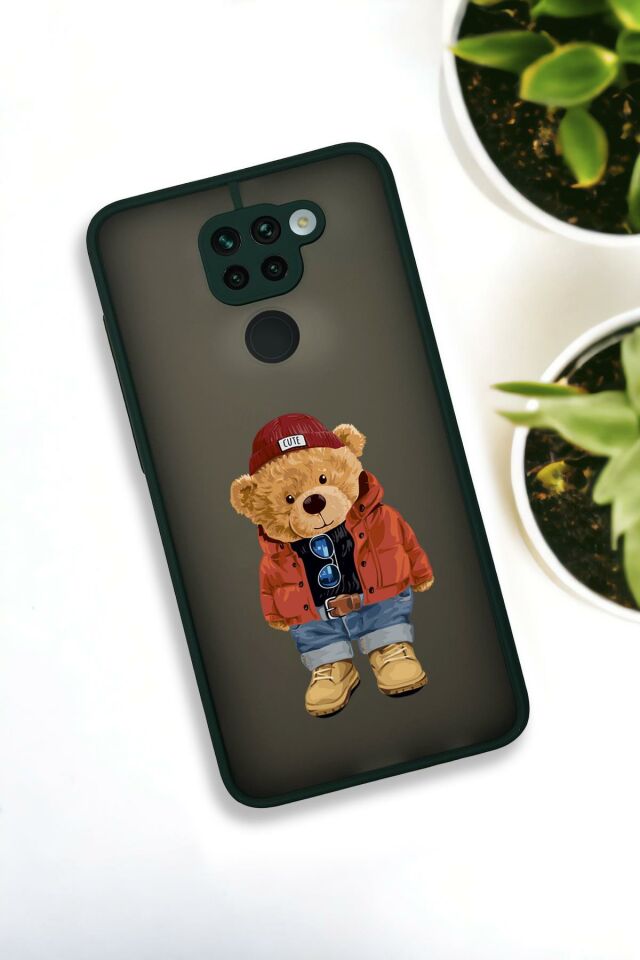 Xiaomi Redmi Note 9 Uyumlu Teddy Bear Desenli Buzlu Şeffaf Lüx Telefon Kılıfı