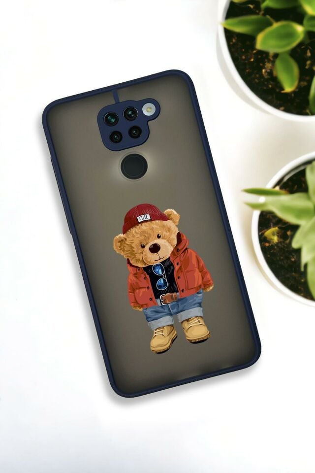 Xiaomi Redmi Note 9 Uyumlu Teddy Bear Desenli Buzlu Şeffaf Lüx Telefon Kılıfı