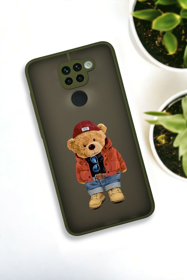 Xiaomi Redmi Note 9 Uyumlu Teddy Bear Desenli Buzlu Şeffaf Lüx Telefon Kılıfı