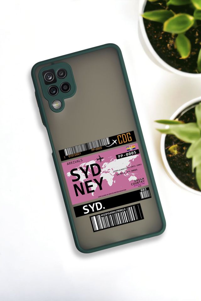 Samsung Galaxy A12 Uyumlu Sydney Ticket Desenli Buzlu Şeffaf Lüx Telefon Kılıfı