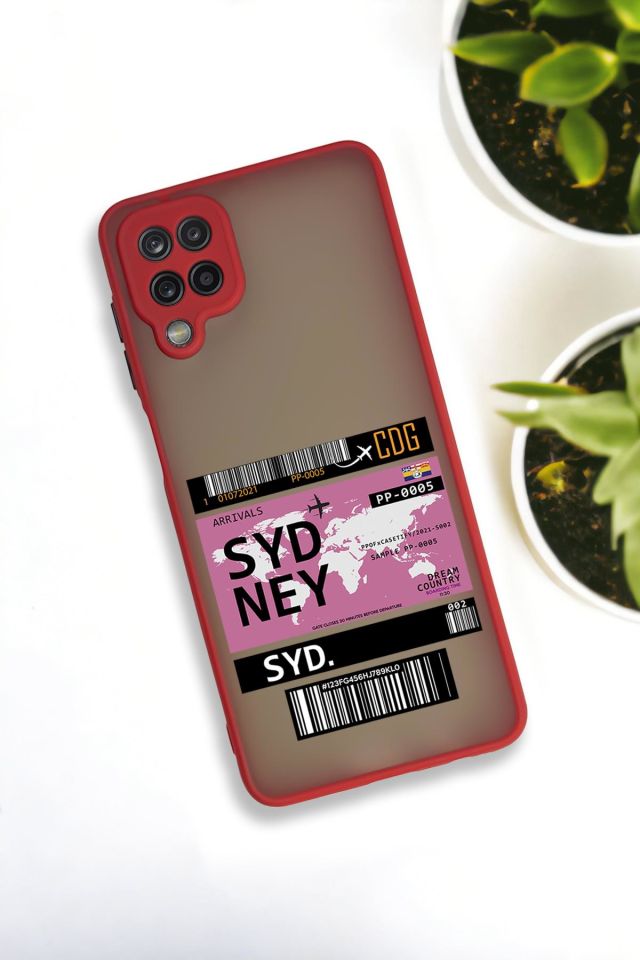 Samsung Galaxy A12 Uyumlu Sydney Ticket Desenli Buzlu Şeffaf Lüx Telefon Kılıfı